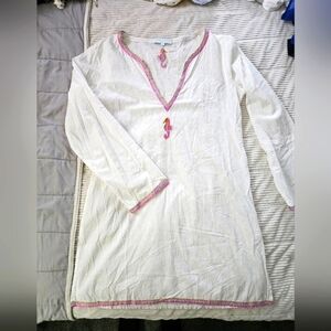 Elizabeth Hurley Beach White Tunic with Pink Embroidery. BathingSuit CoverSize S
